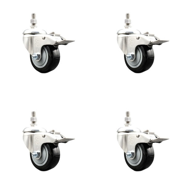 Service Caster 3 Inch 316SS Black Polyurethane Wheel Swivel 12mm Stem Caster Set Lock Brake SS316TSTTL20S314-PPUB-BLK-M1215-4 - main
